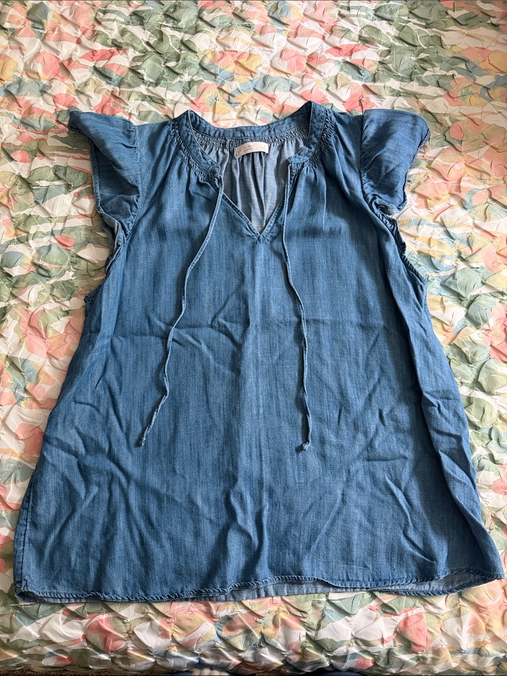 LC Lauren Conrad Blue Tie-Neck Chambray Tunic